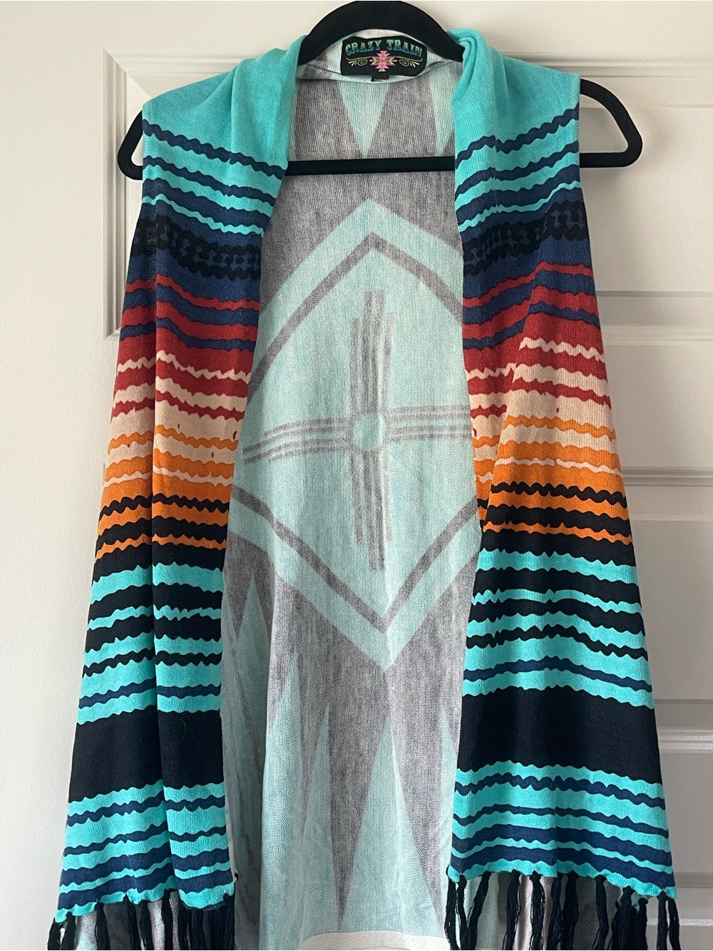 Crazy Train Turquoise Aztec Zia Striped Knit Fringe Shawl Kimono Cardigan Wrap